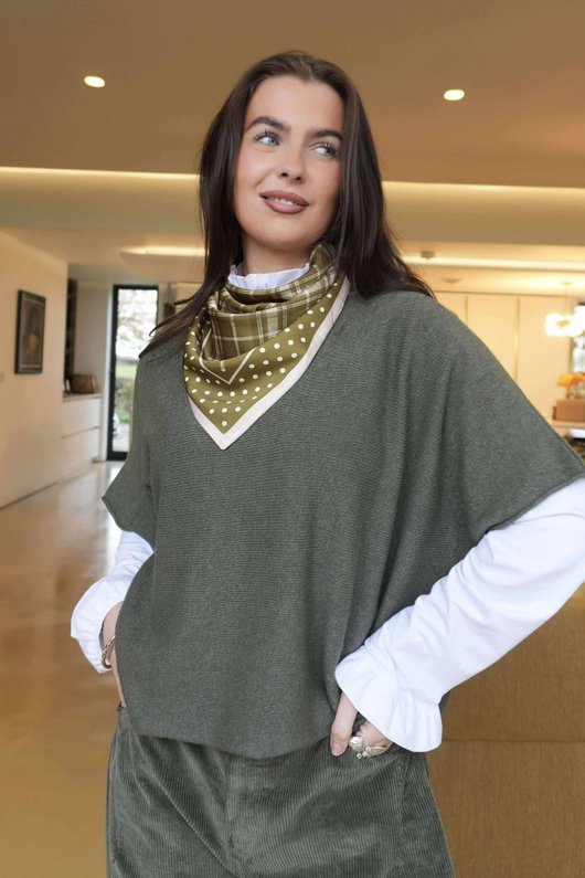 Plaid & Polka Border Triangle Silk Neckerchief Olive